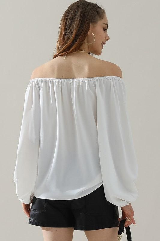 BALLON SLEEVE OFF SHOULDER CHIFFON BLOUSE - Doublju