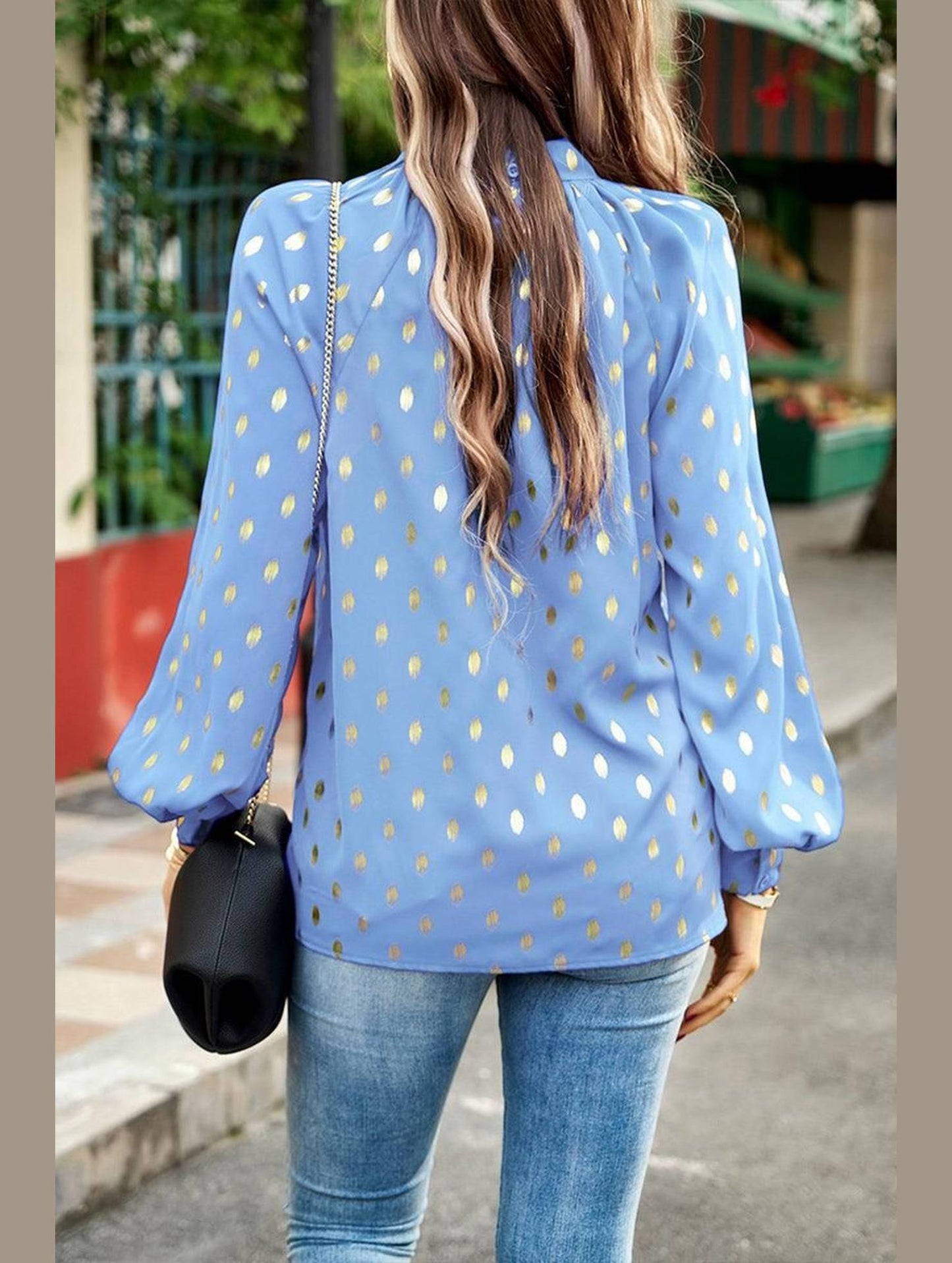 BUTTON COLLAR GOLD ROUND POINT BLOUSE - Doublju