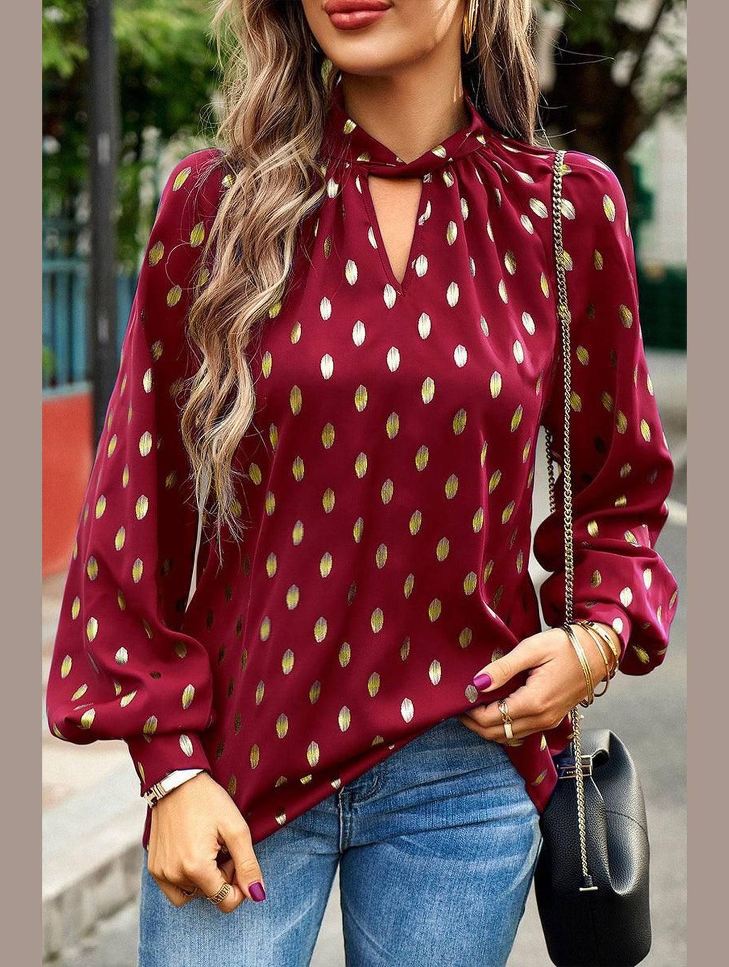 BUTTON COLLAR GOLD ROUND POINT BLOUSE - Doublju