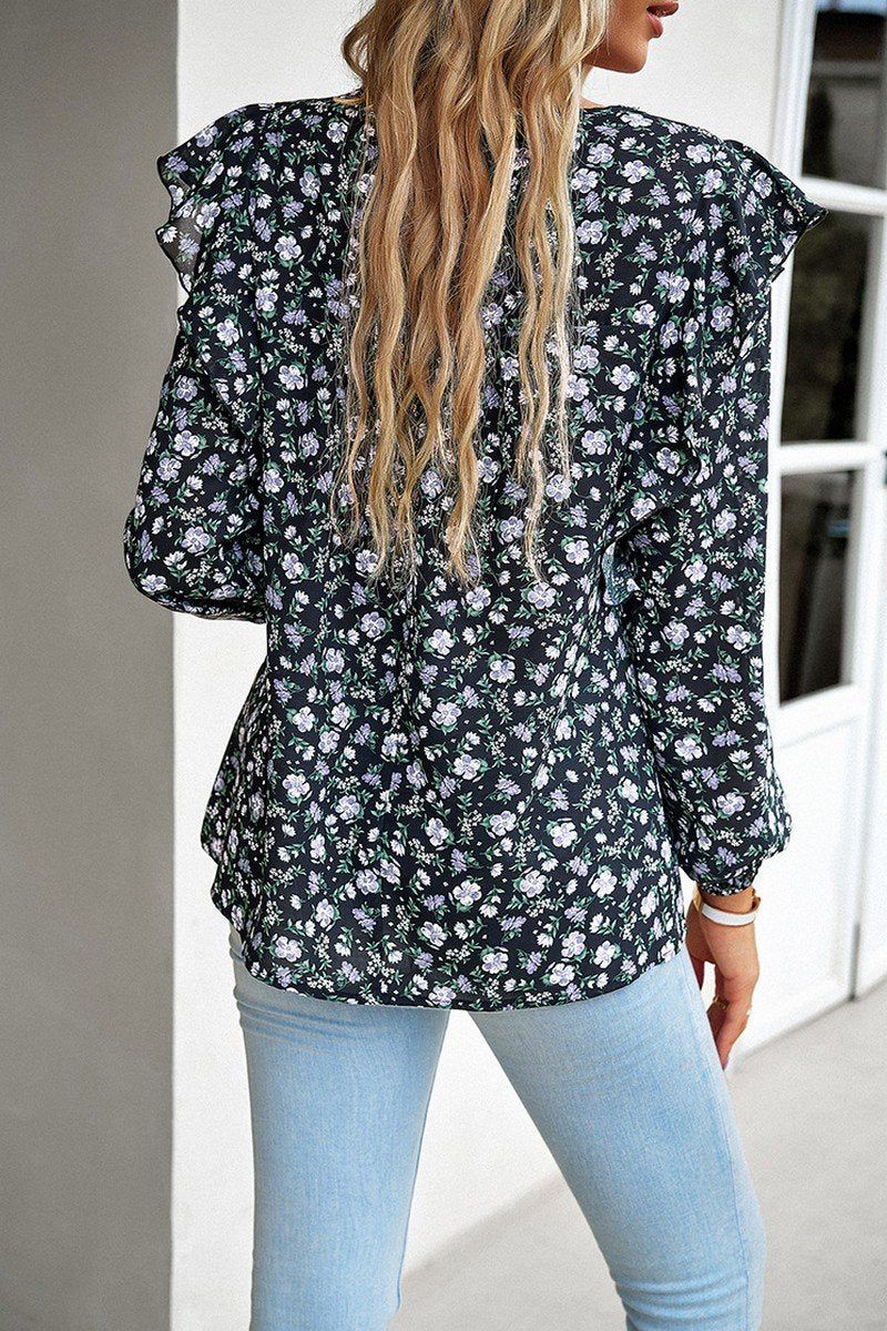 WOMEN LACE TRIM FRILL ANGEL SLEEVE FLORAL BLOUSE