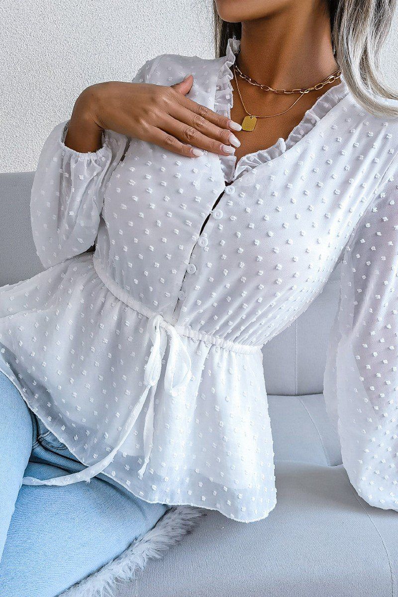 LANTERN SLEEVE RUFFLED SWISS DOT CHIFFON TUNIC