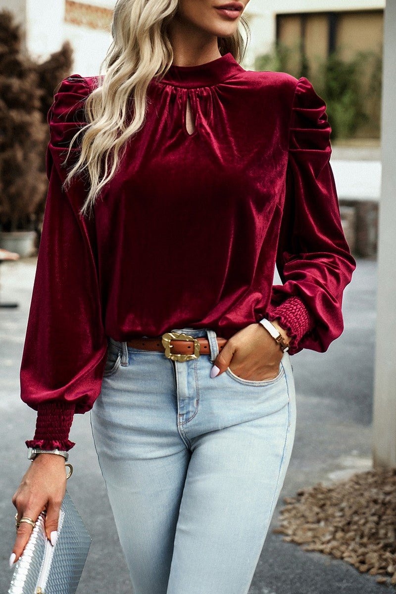 WOMEN SATIN HIGH NECK PUFF SLEEVE BLOUSE