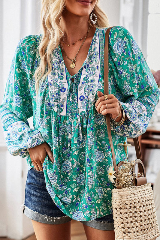 WOMEN TIED V NECK LONG SLEEVE BOHEMIAN BLOUSE