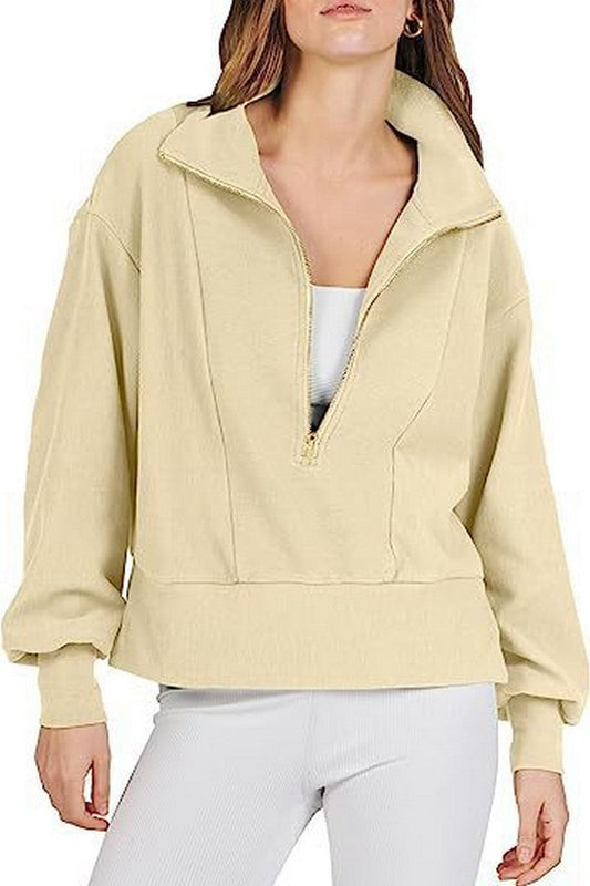 WOMEN HALF ZIP UP HIGH NECK LOOSE FIT PULLOVER