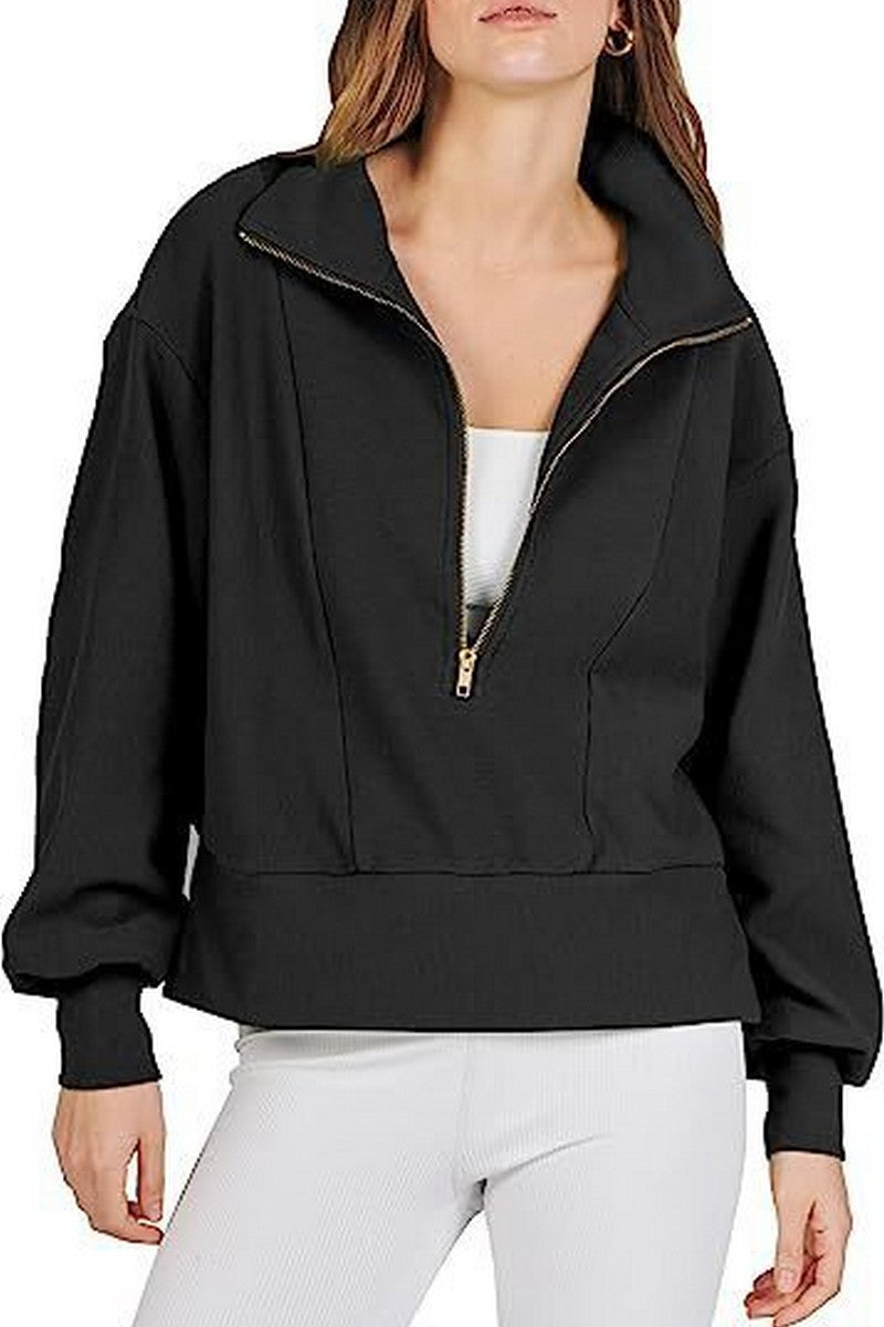 WOMEN HALF ZIP UP HIGH NECK LOOSE FIT PULLOVER