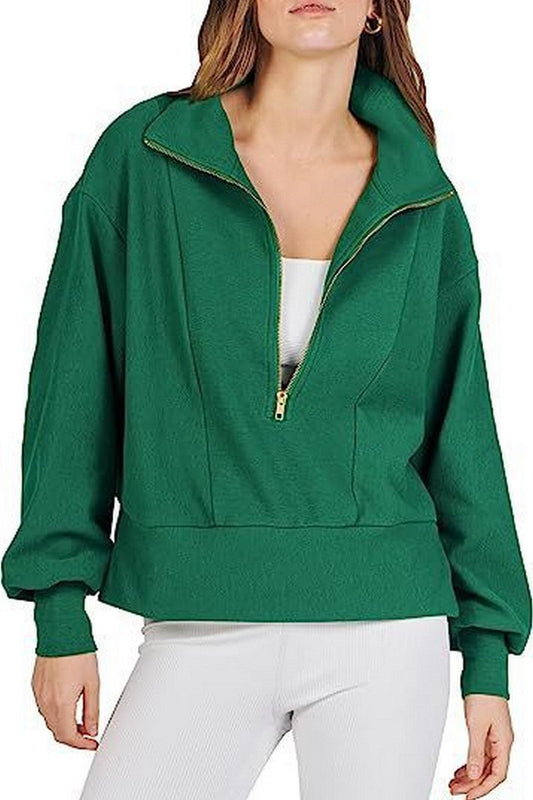 WOMEN HALF ZIP UP HIGH NECK LOOSE FIT PULLOVER
