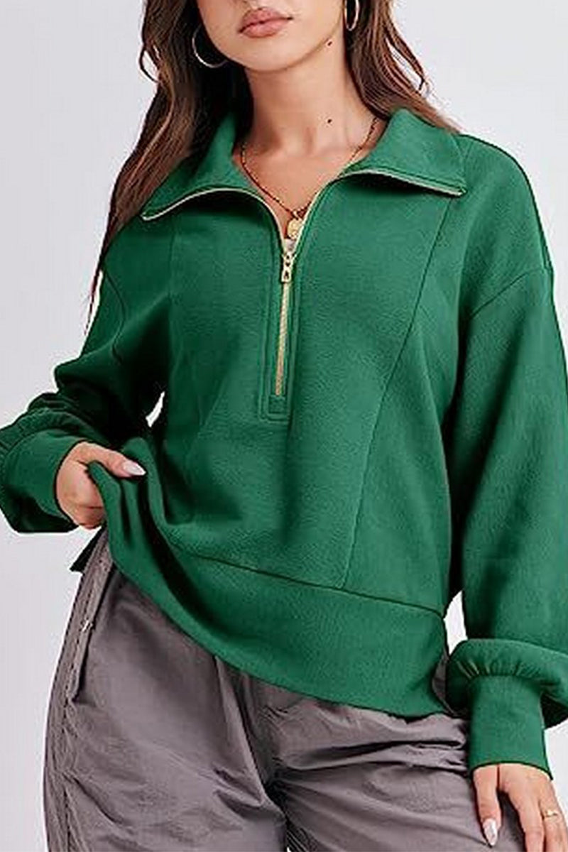 WOMEN HALF ZIP UP HIGH NECK LOOSE FIT PULLOVER