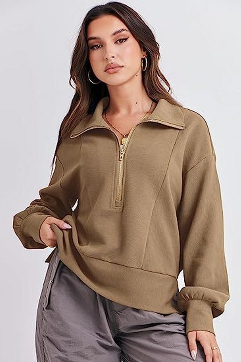 WOMEN HALF ZIP UP HIGH NECK LOOSE FIT PULLOVER