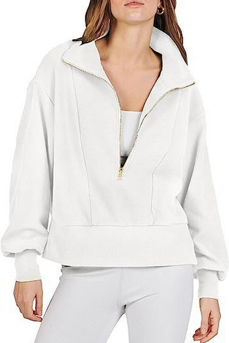 WOMEN HALF ZIP UP HIGH NECK LOOSE FIT PULLOVER