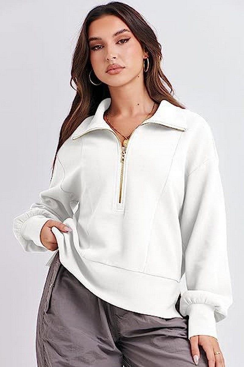 WOMEN HALF ZIP UP HIGH NECK LOOSE FIT PULLOVER