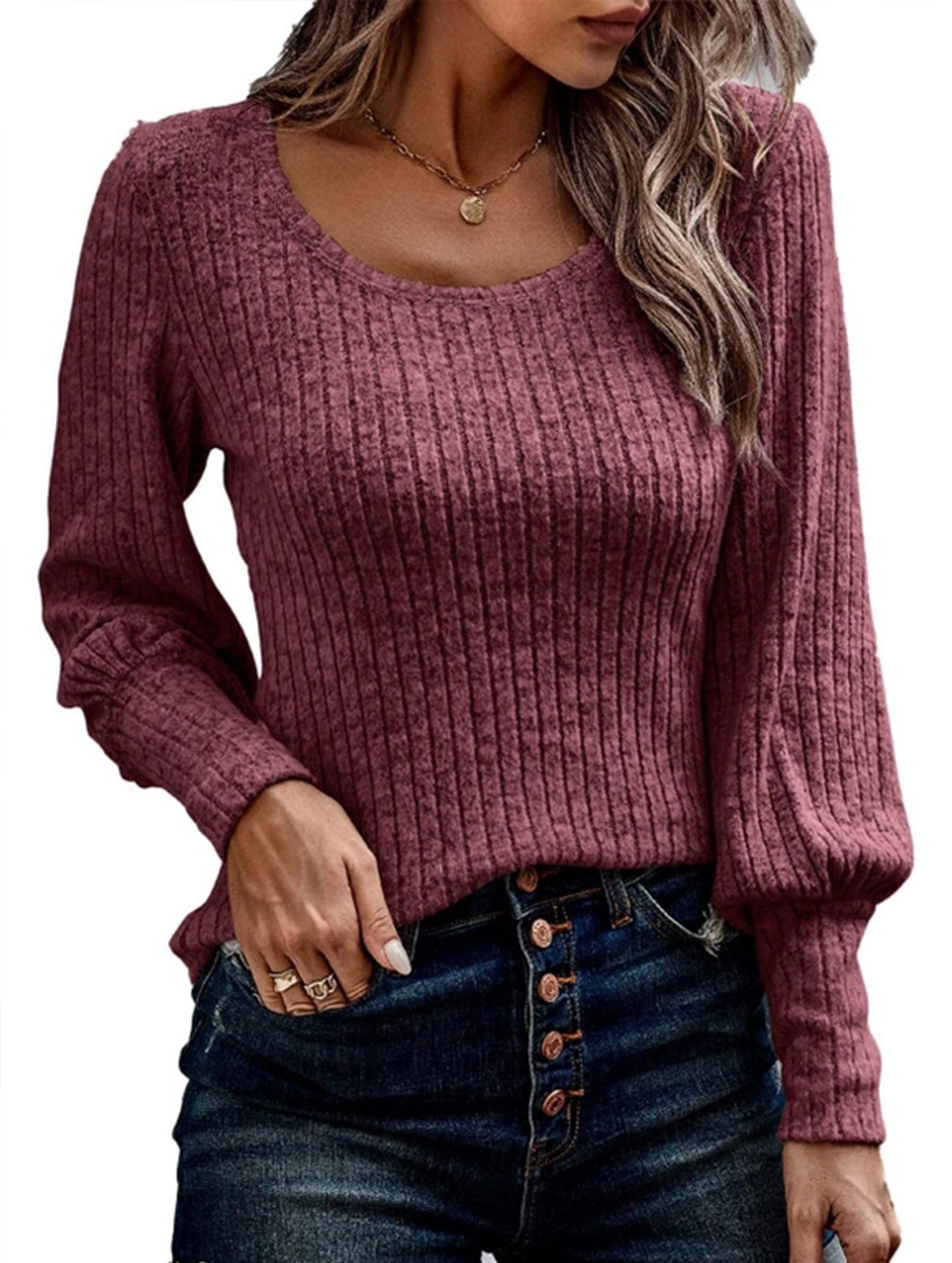 PIT STRIP SHAVED ROUND NECK LANTERN SLEEVE TOP