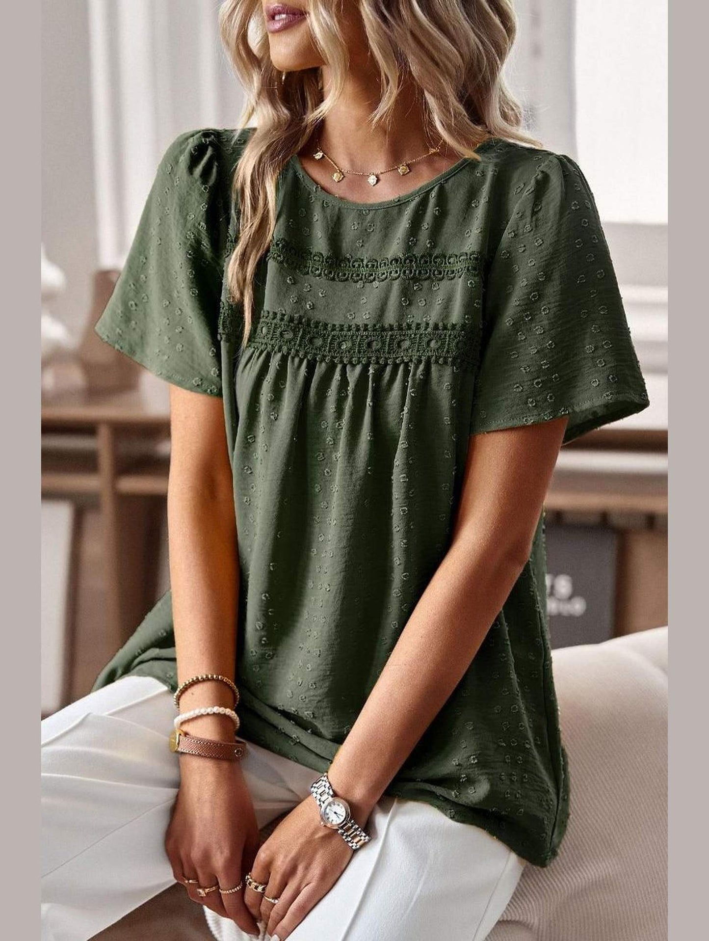 ROUND NECK SPLICED LOOSE BLOUSE - Doublju