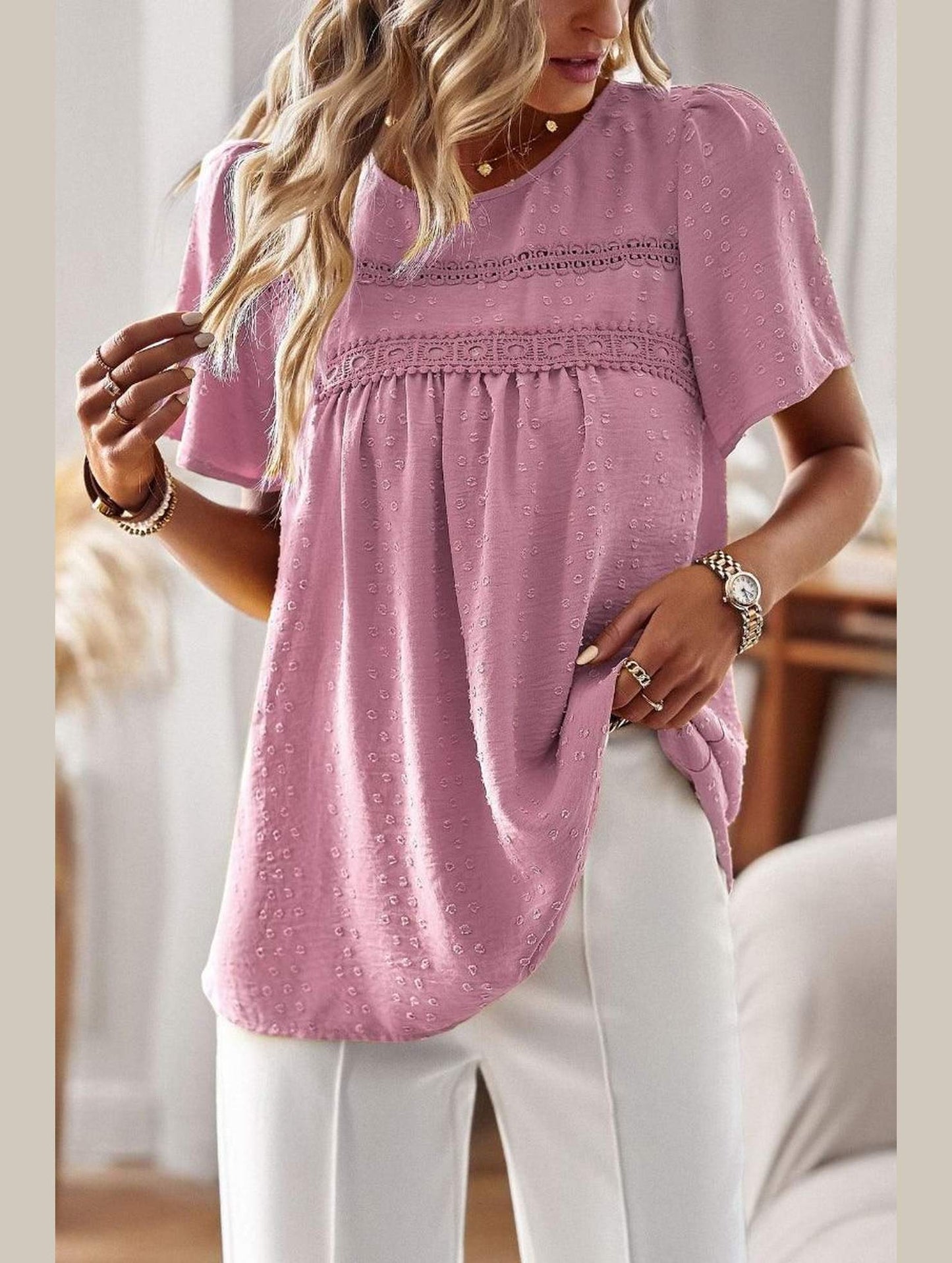 ROUND NECK SPLICED LOOSE BLOUSE - Doublju