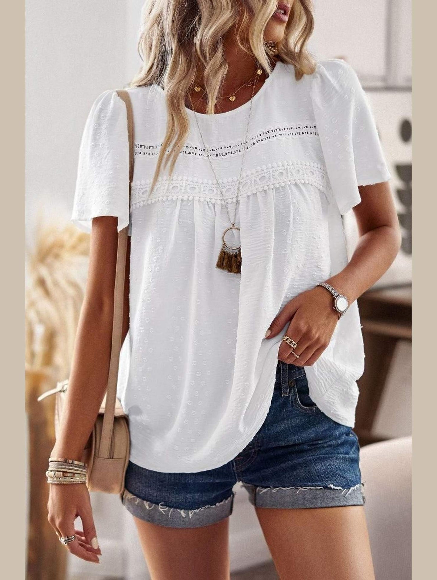 ROUND NECK SPLICED LOOSE BLOUSE - Doublju
