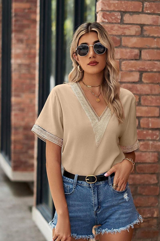 GOLD LACE POINT V NECK CHIFFON BLOUSE - Doublju