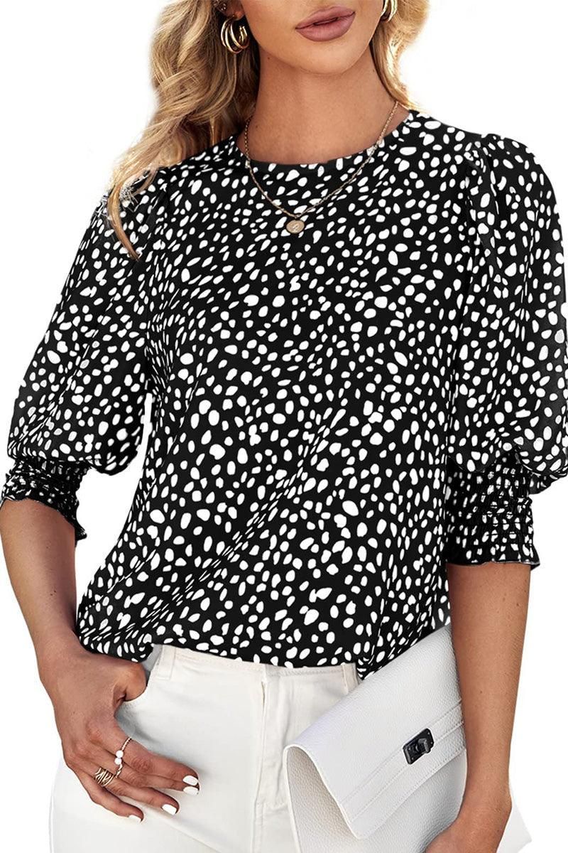 CREW NECK PATTERNED TUNIC BLOUSE TOP - Doublju