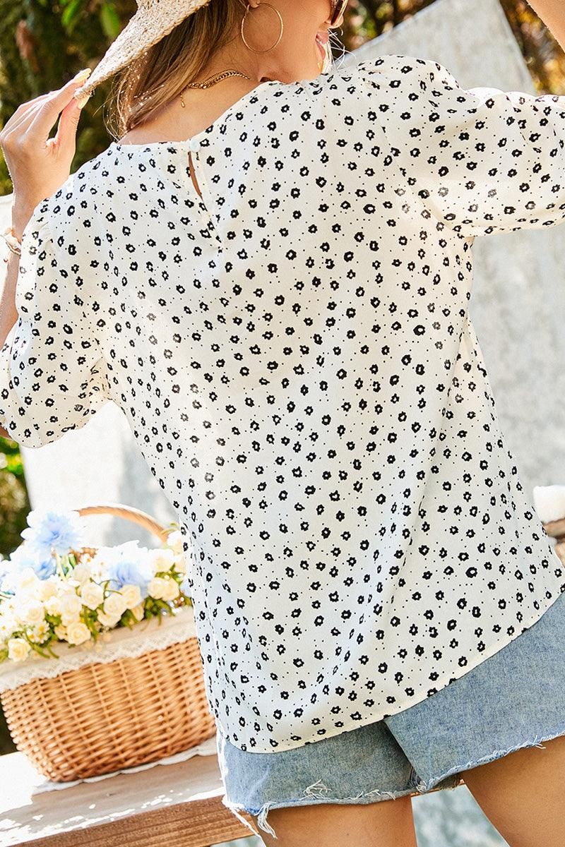 BALLON SLEEVE POLKA DOT TUNIC TOP - Doublju