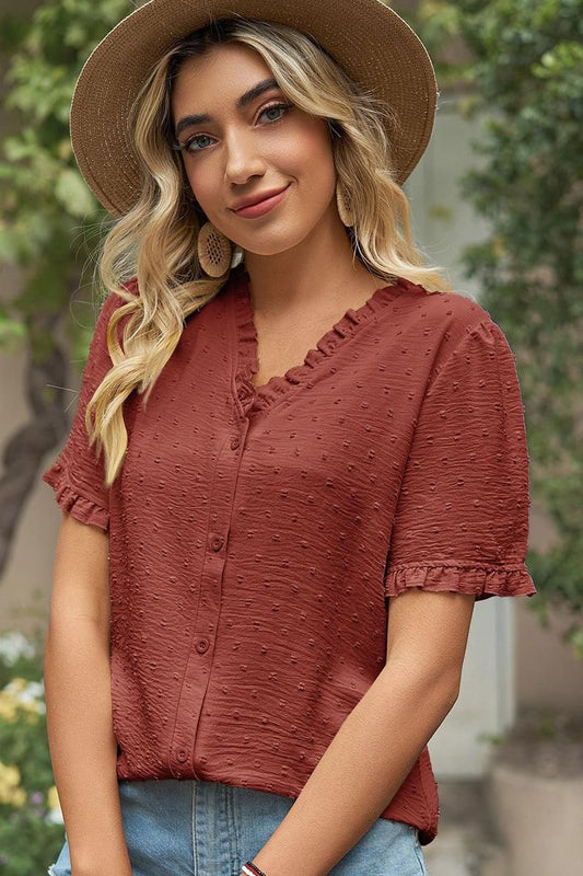 LACE V NECK PRINCESS SLEEVES CHIFFON DOT BLOUSE - Doublju