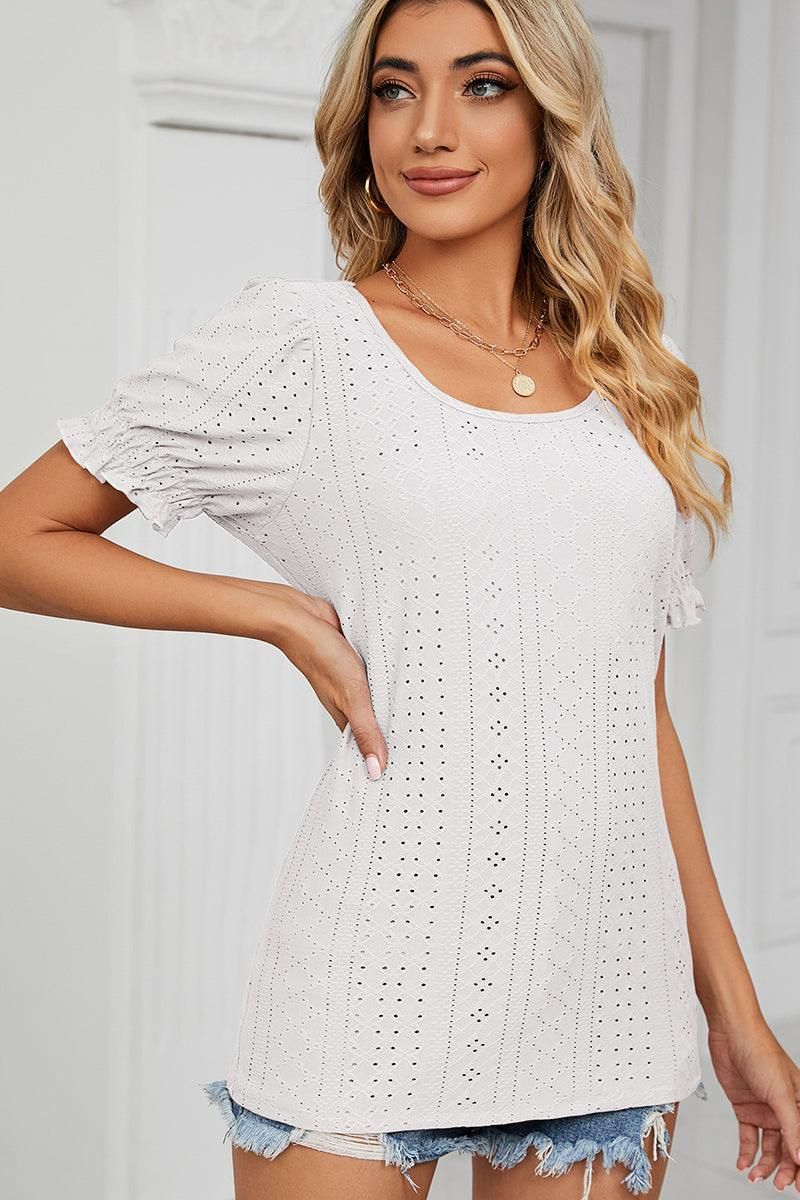 PUNCHING LACE LOUND NECK PRINCESS SLEEVES TOP - Doublju