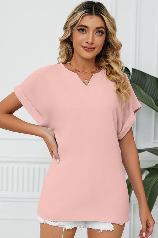 SIMPLE LOOSE FIT ROLL UP SHORT SLEEVE BLOUSE - Doublju