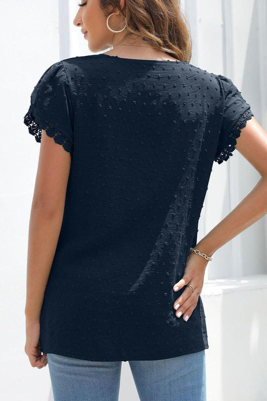 CHIFFON DOT TULIP SLEEVE LACE POINT TOP - Doublju