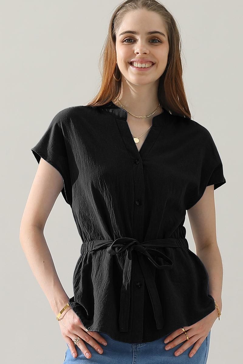 BELTED WAIST BUTTON UP COTTON SHIRTS - Doublju