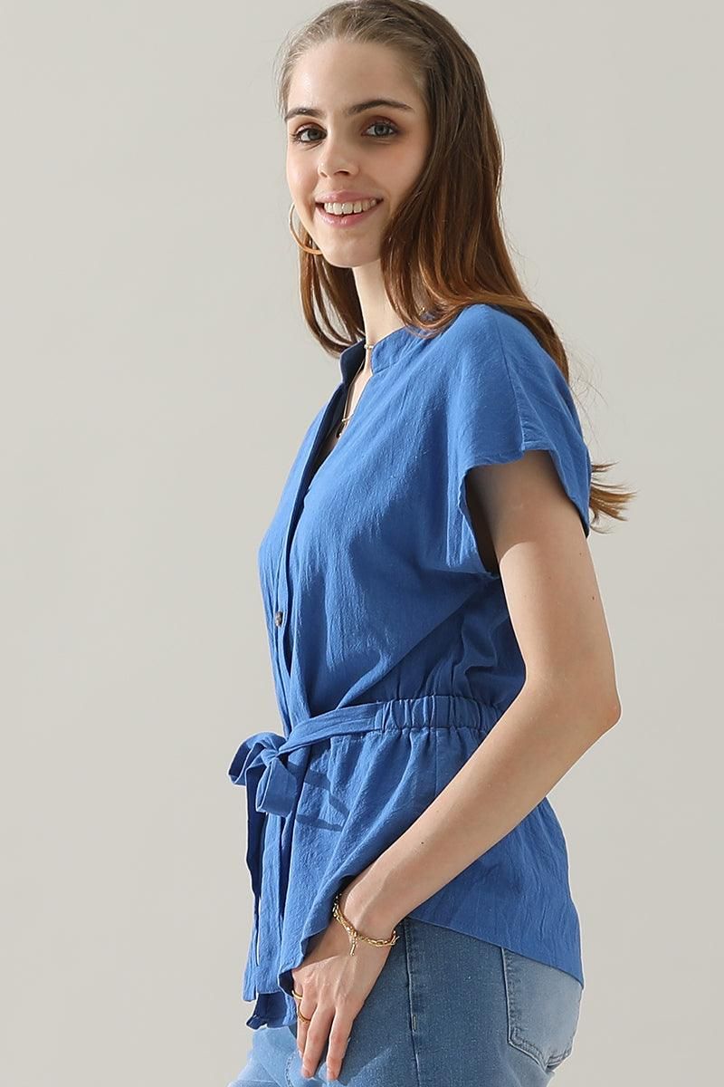 BELTED WAIST BUTTON UP COTTON SHIRTS - Doublju