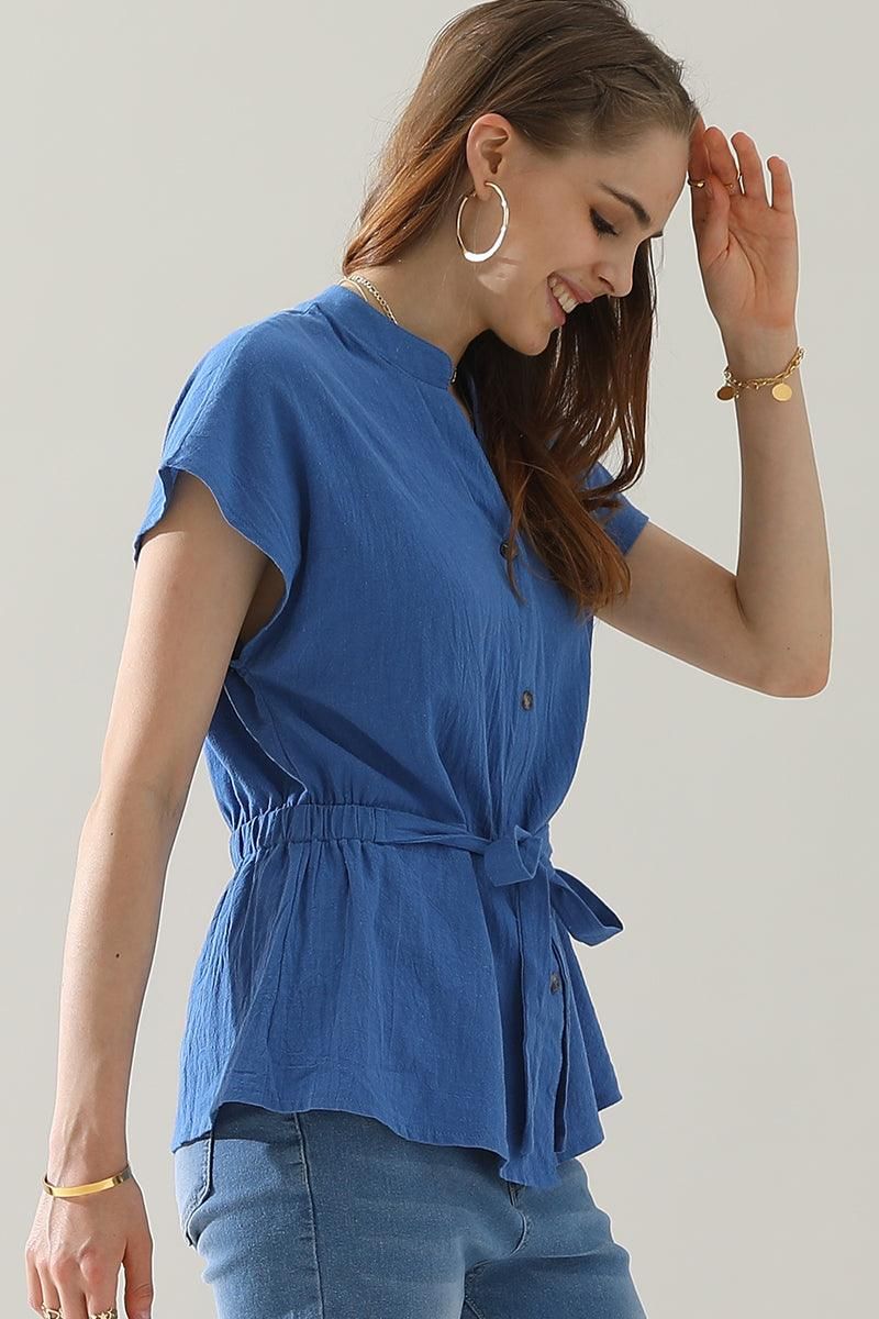 BELTED WAIST BUTTON UP COTTON SHIRTS - Doublju