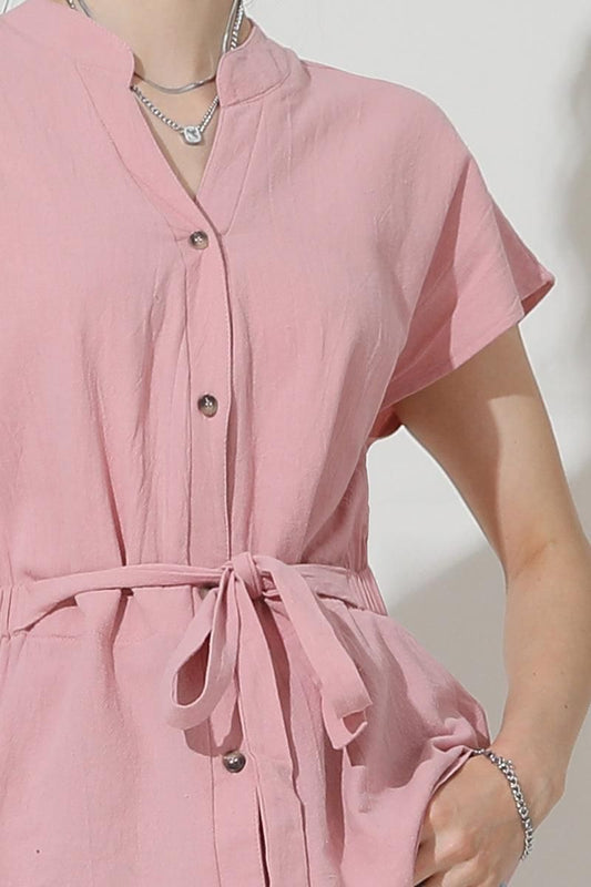 BELTED WAIST BUTTON UP COTTON SHIRTS - Doublju