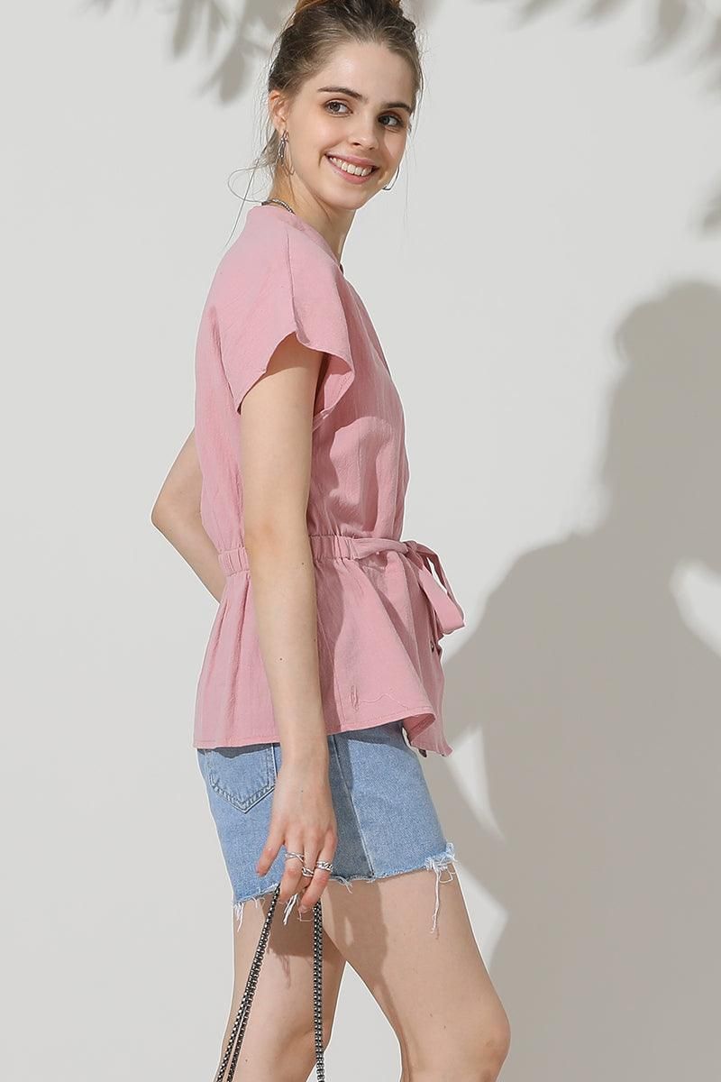 BELTED WAIST BUTTON UP COTTON SHIRTS - Doublju