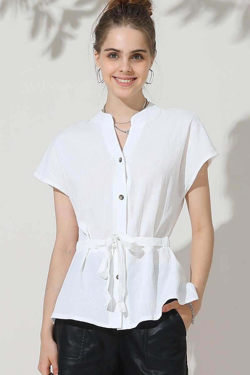 BELTED WAIST BUTTON UP COTTON SHIRTS - Doublju