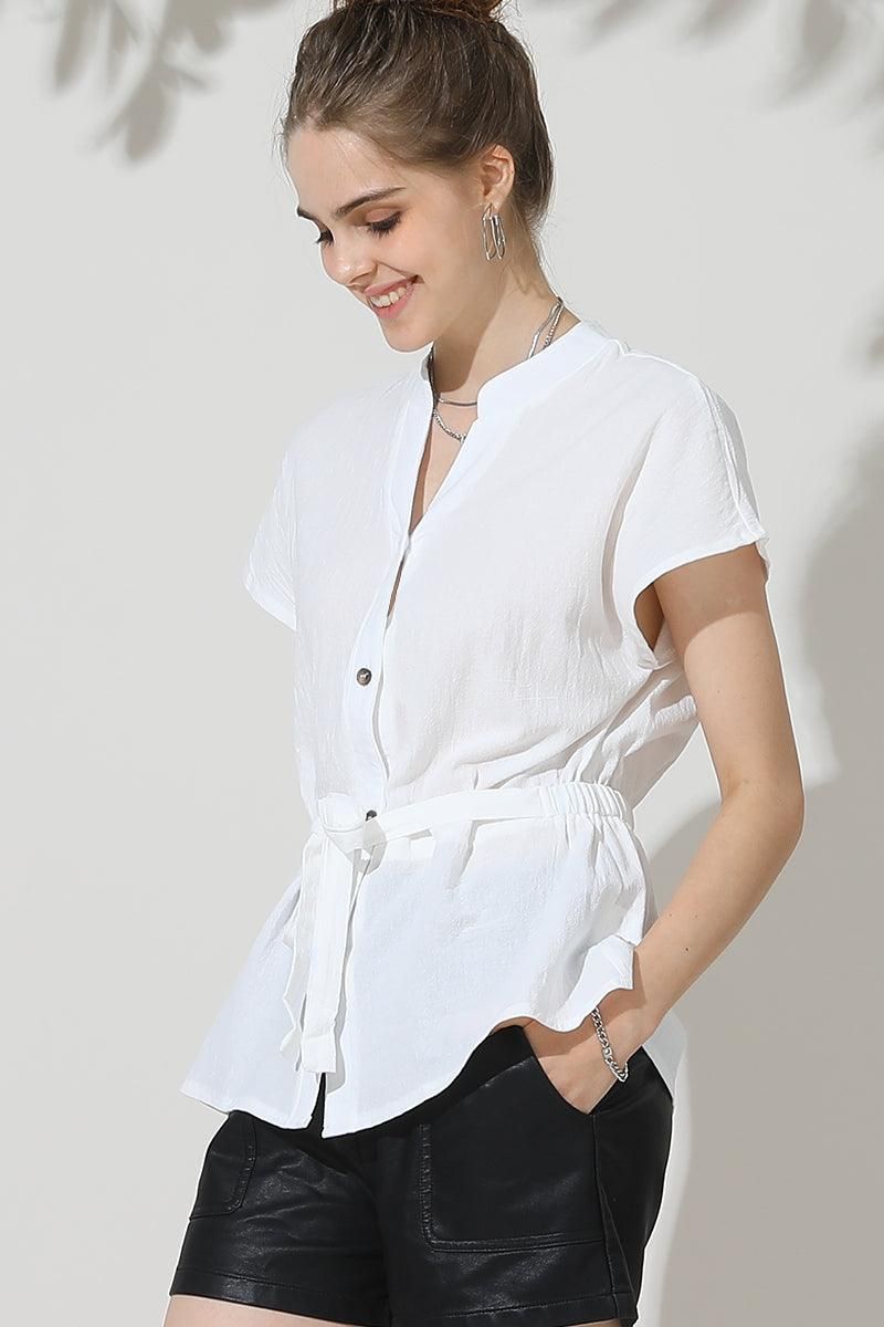 BELTED WAIST BUTTON UP COTTON SHIRTS - Doublju