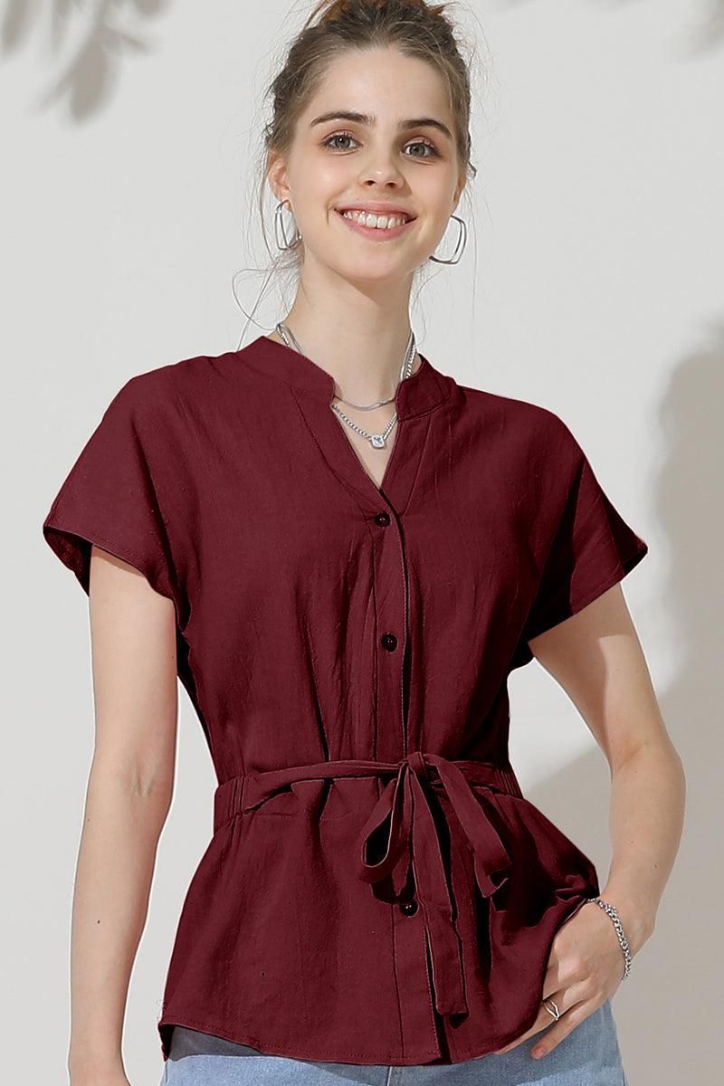 BELTED WAIST BUTTON UP COTTON SHIRTS - Doublju