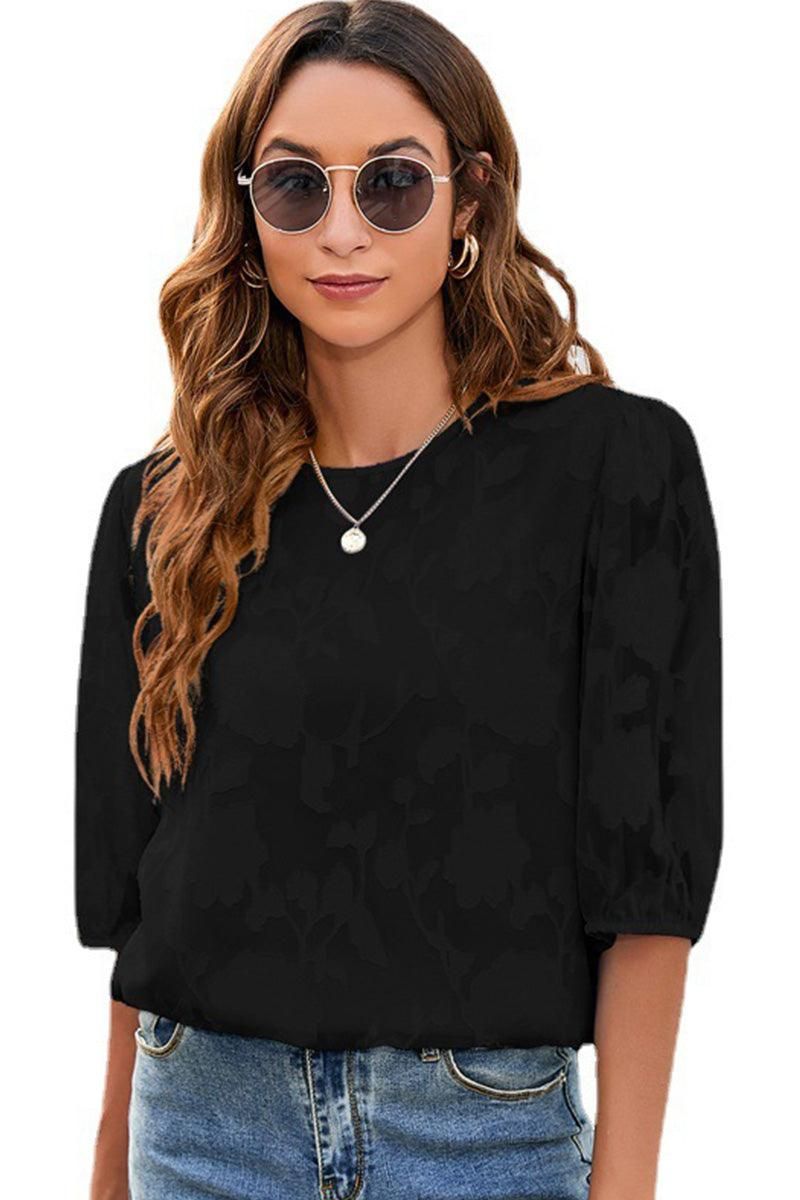 CHIFFON PUFF SLEEVE FLOWER LACE CUT OUT LOOSE TOP - Doublju
