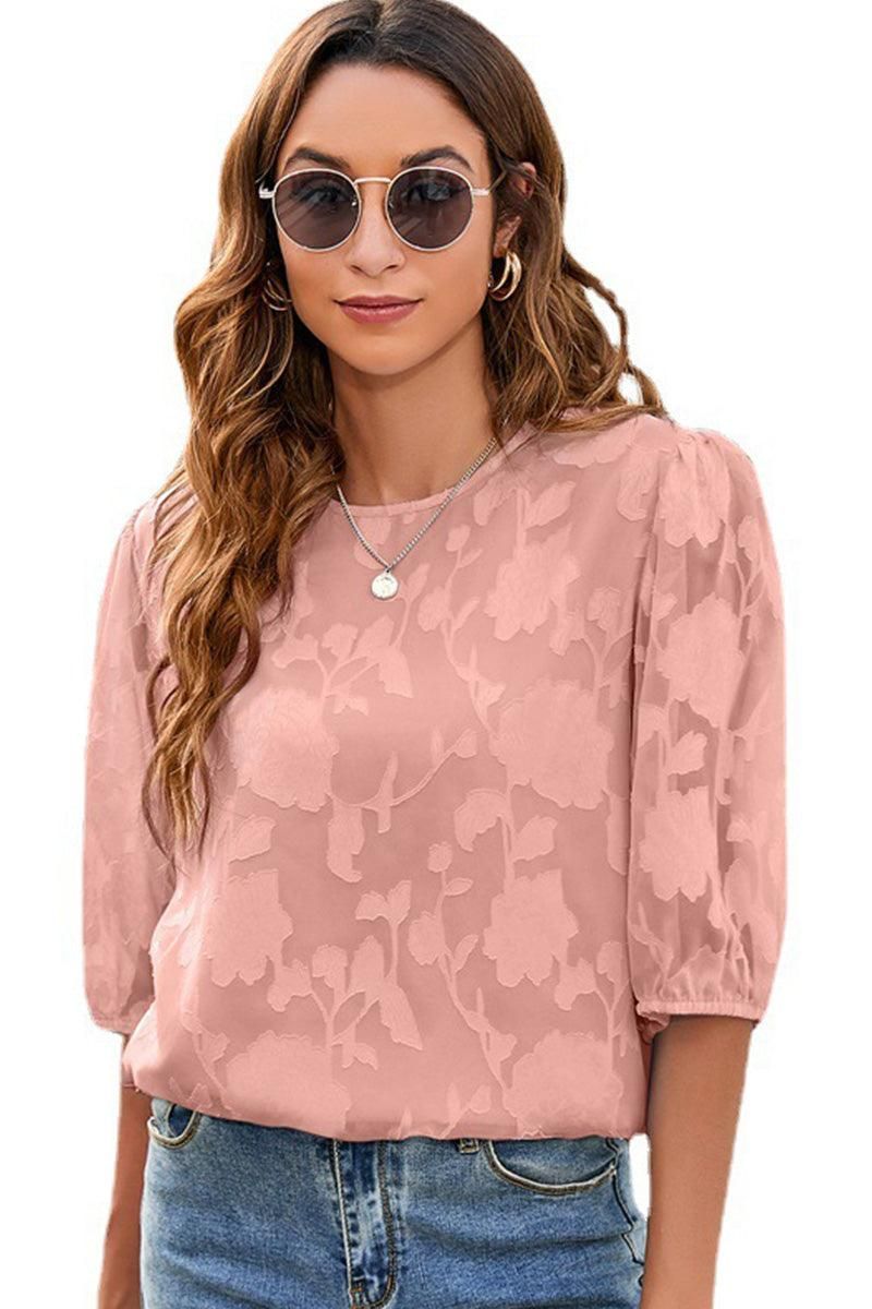 CHIFFON PUFF SLEEVE FLOWER LACE CUT OUT LOOSE TOP - Doublju