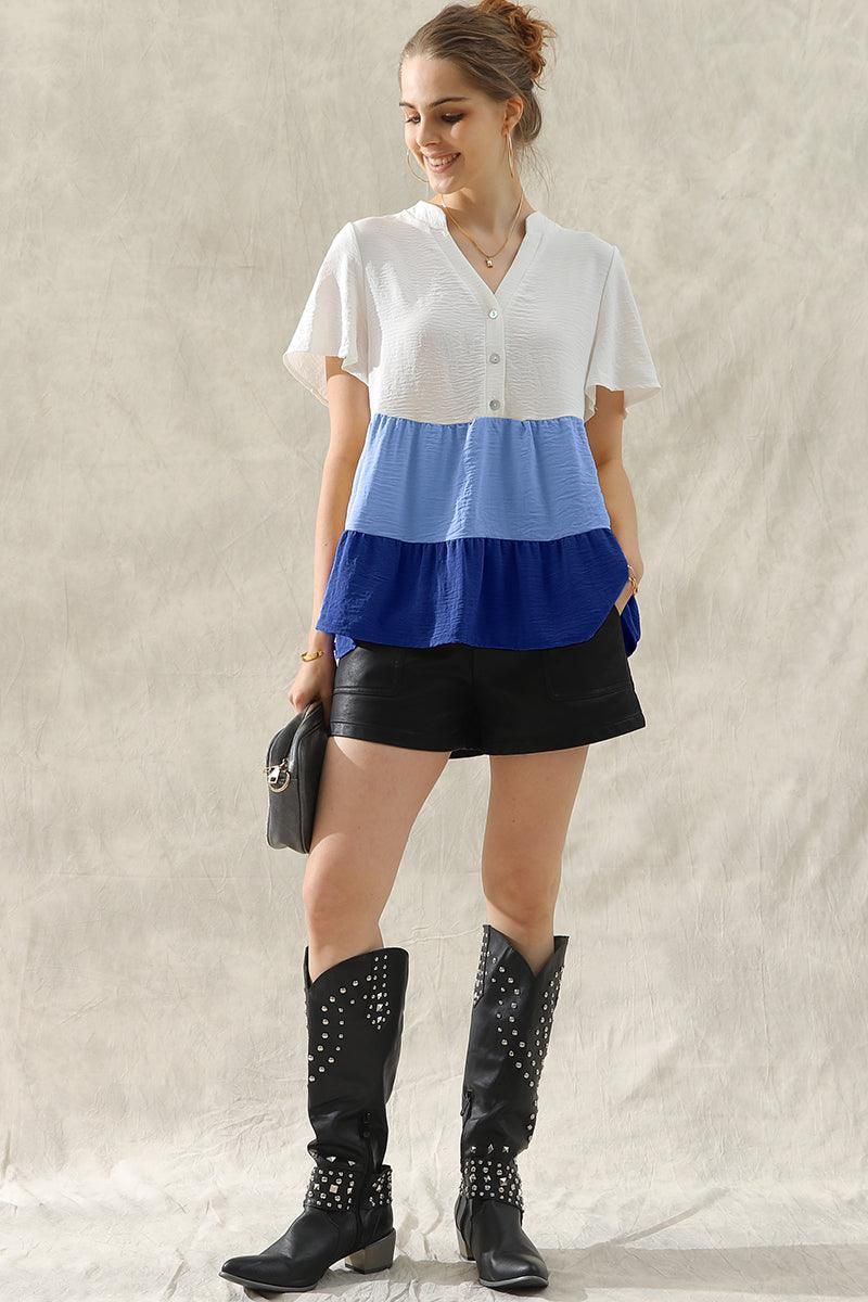 BUTTON UP COLOR BLOCK RUFFLED TUNIC TOP - Doublju