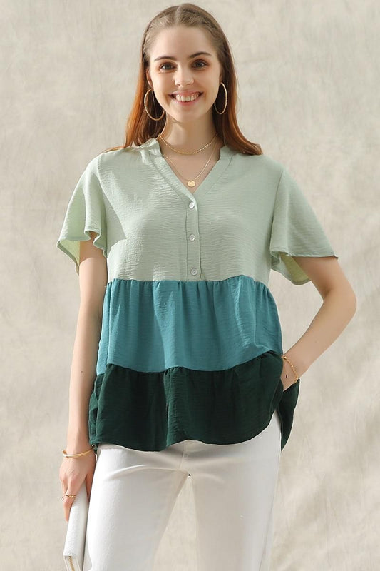 BUTTON UP COLOR BLOCK RUFFLED TUNIC TOP - Doublju
