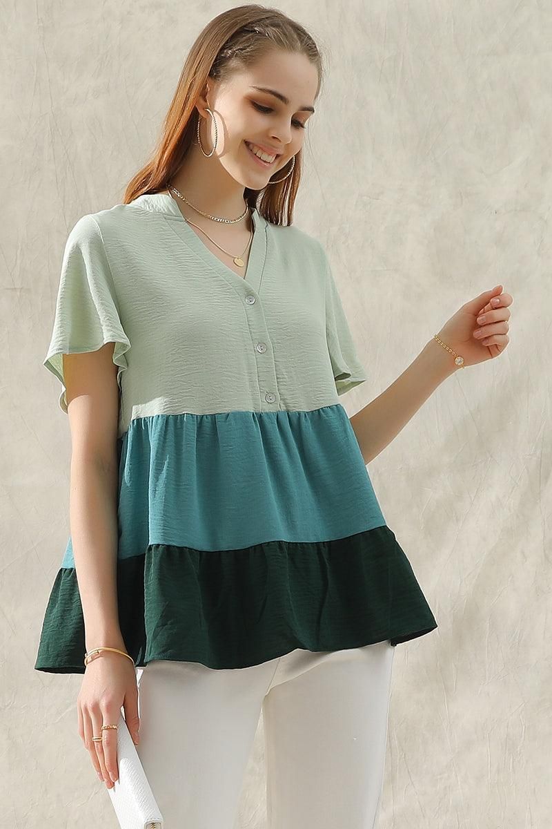 BUTTON UP COLOR BLOCK RUFFLED TUNIC TOP - Doublju