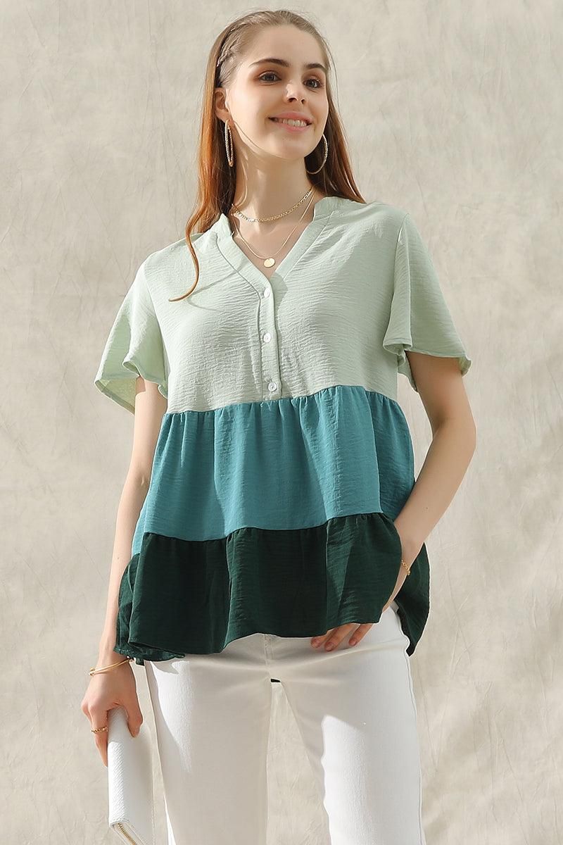BUTTON UP COLOR BLOCK RUFFLED TUNIC TOP - Doublju