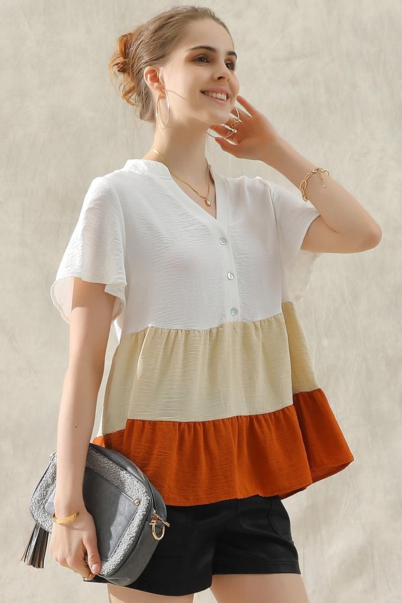 BUTTON UP COLOR BLOCK RUFFLED TUNIC TOP - Doublju