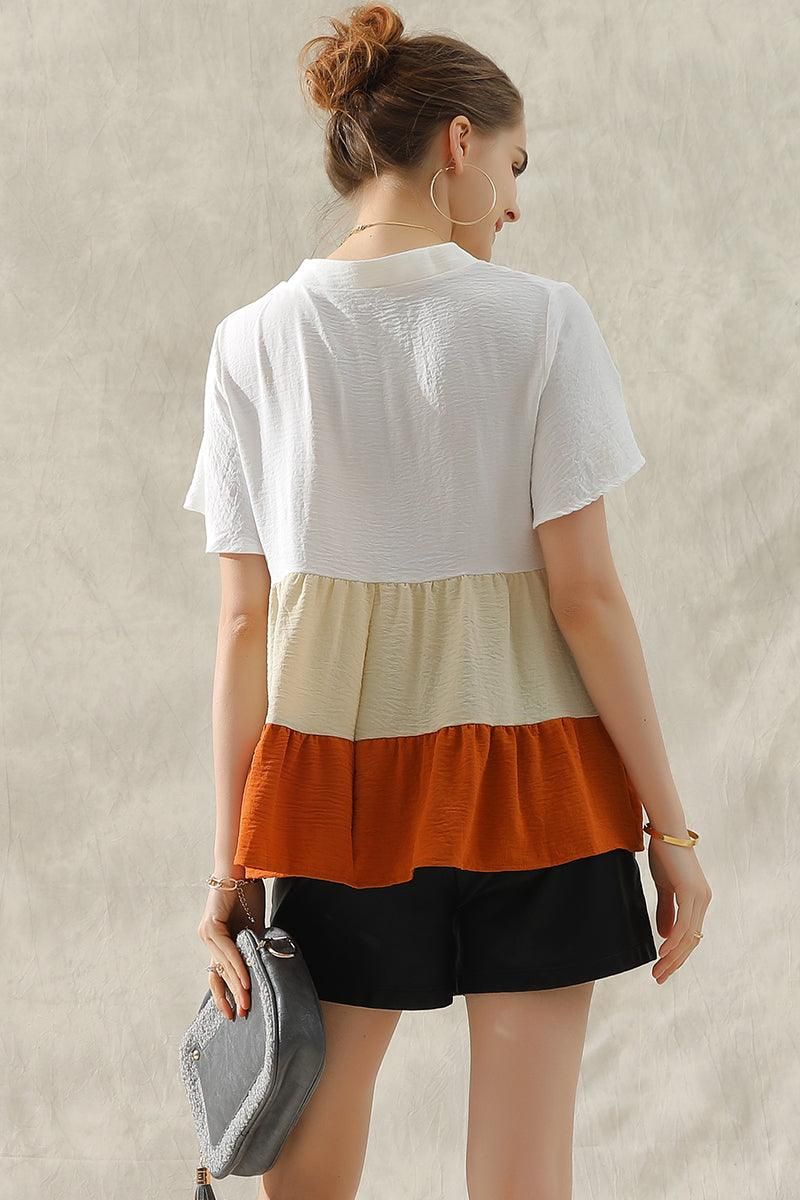 BUTTON UP COLOR BLOCK RUFFLED TUNIC TOP - Doublju