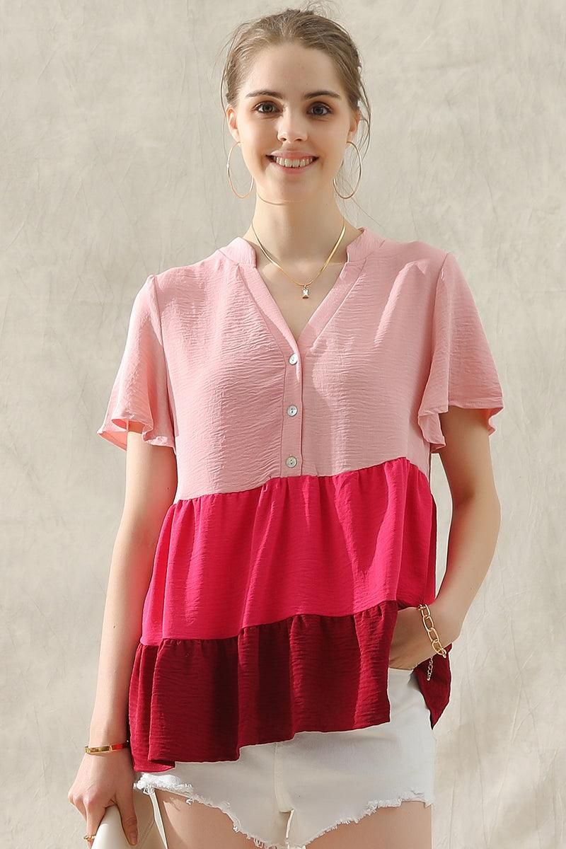 BUTTON UP COLOR BLOCK RUFFLED TUNIC TOP - Doublju