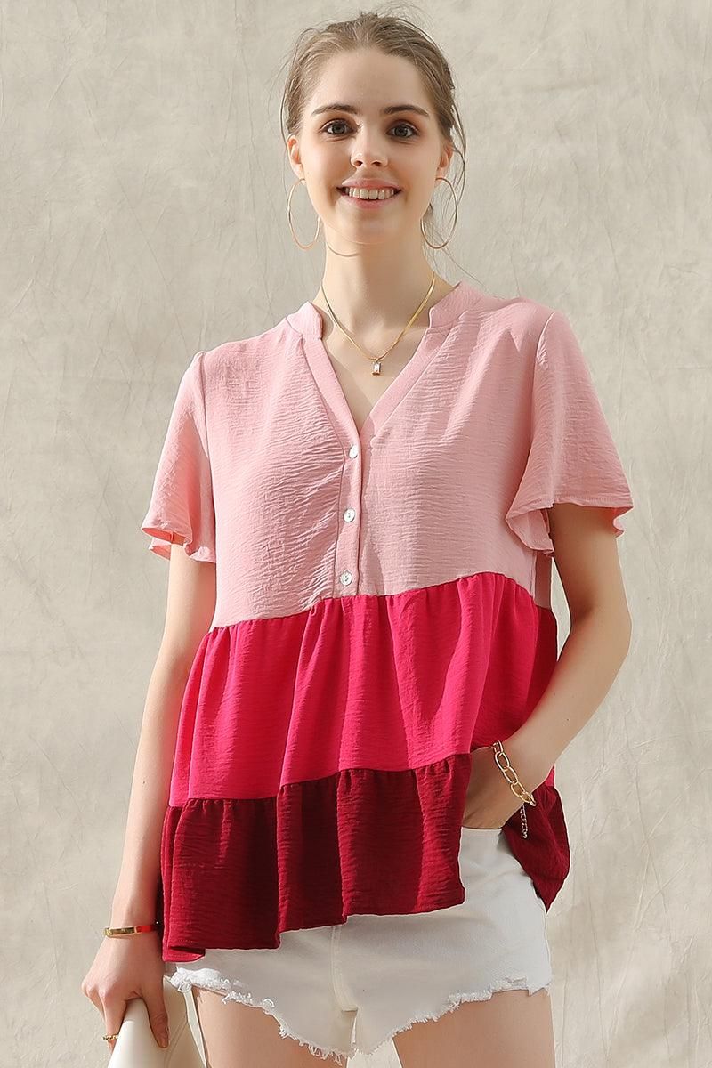BUTTON UP COLOR BLOCK RUFFLED TUNIC TOP - Doublju