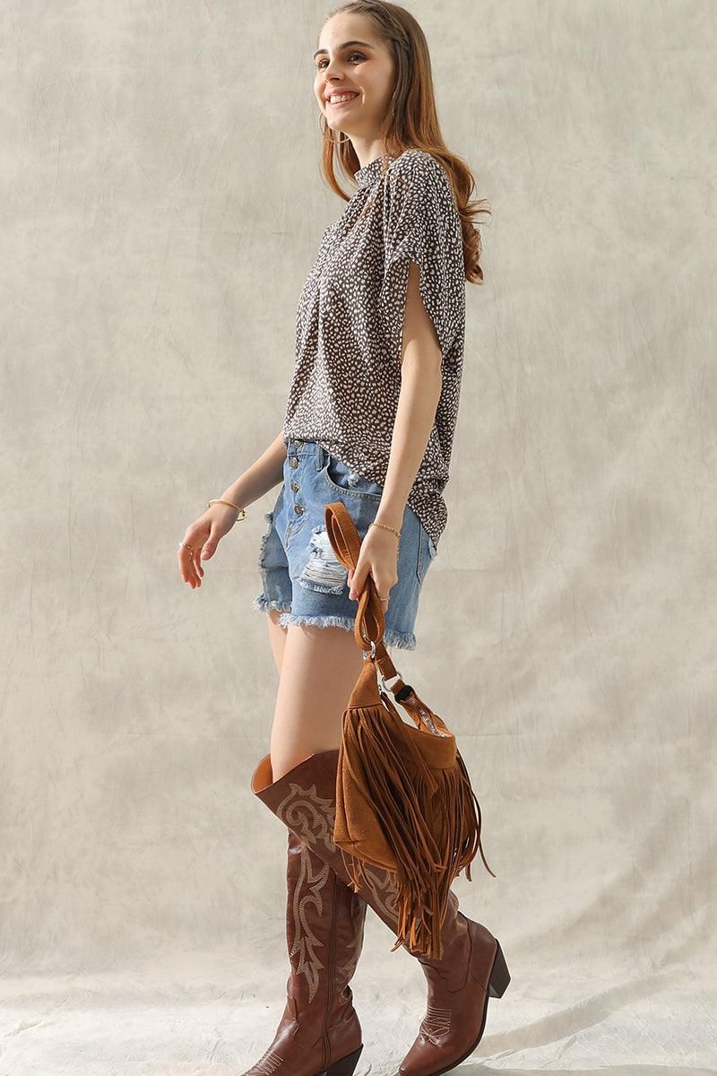 DOLMAN SLEEVE LACE-UP CHIFFON BLOUSE - Doublju