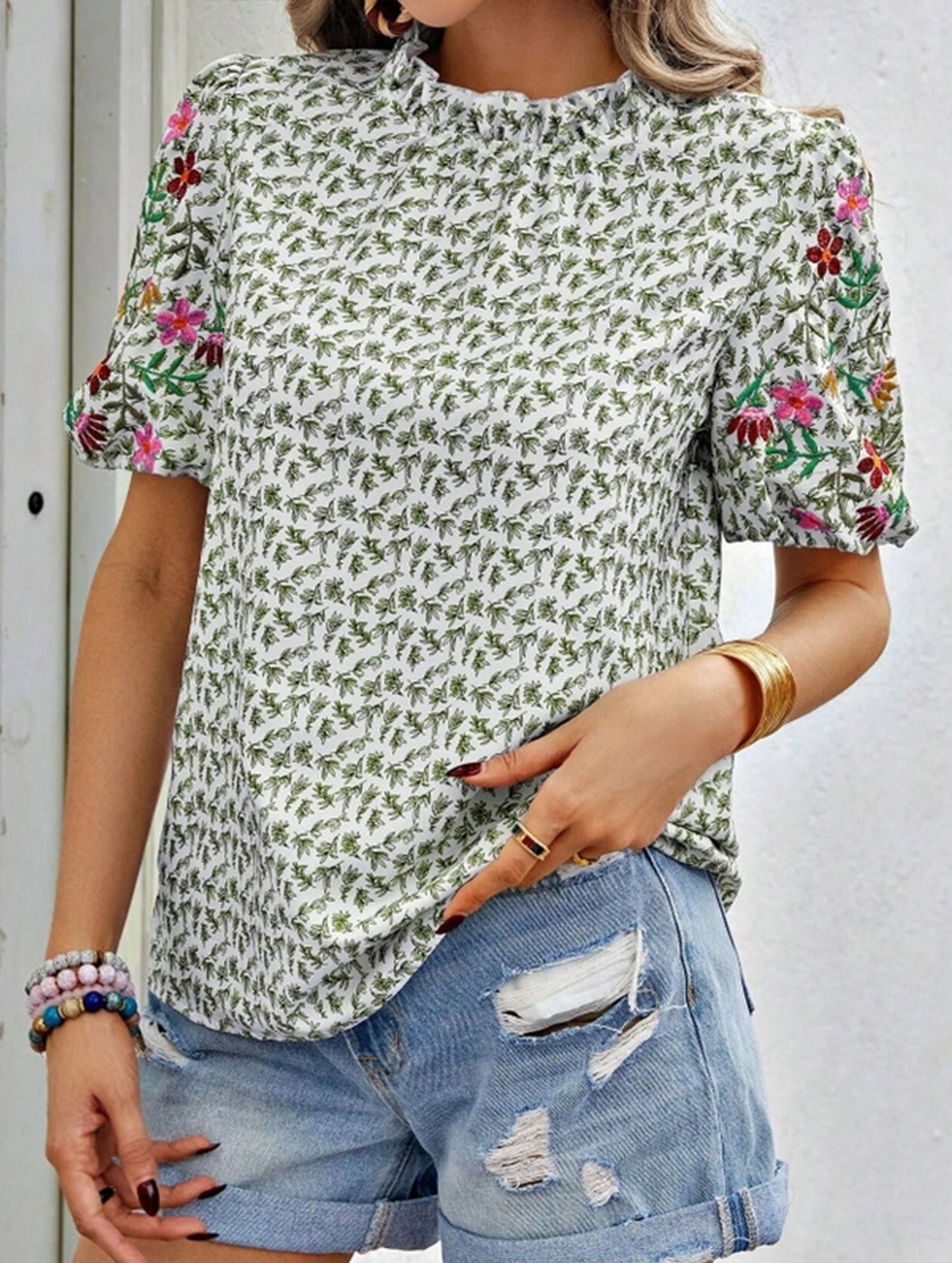 Embroidered Printed Turtleneck Blouse ??Boho Chic High Neck Long Sleeve Top