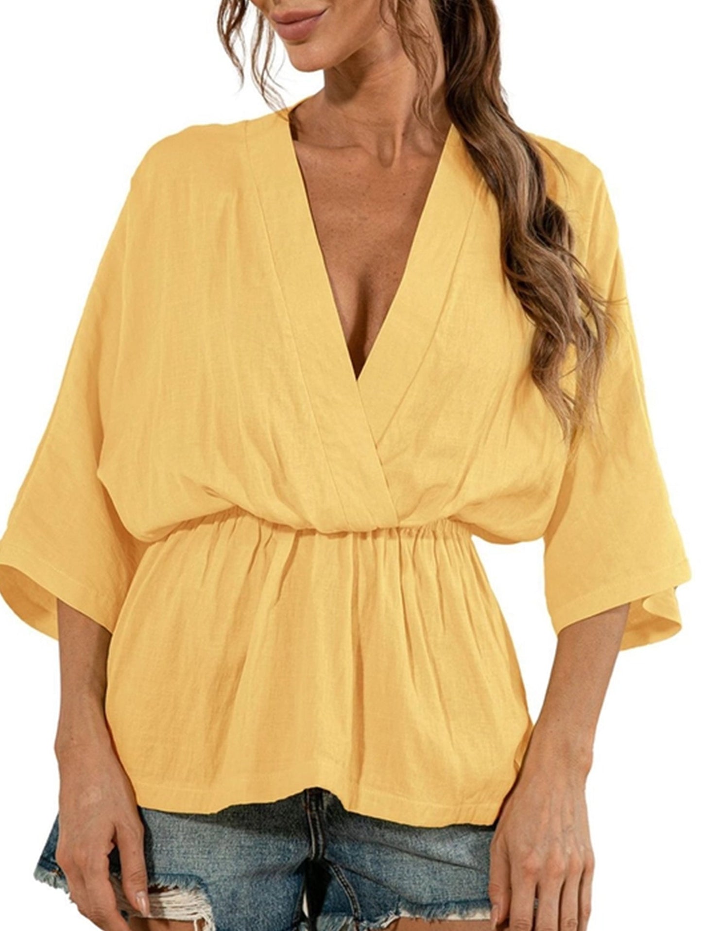 Solid Color Deep V-Neck Loose Waist Blouse ??Casual Boho Long Sleeve Top