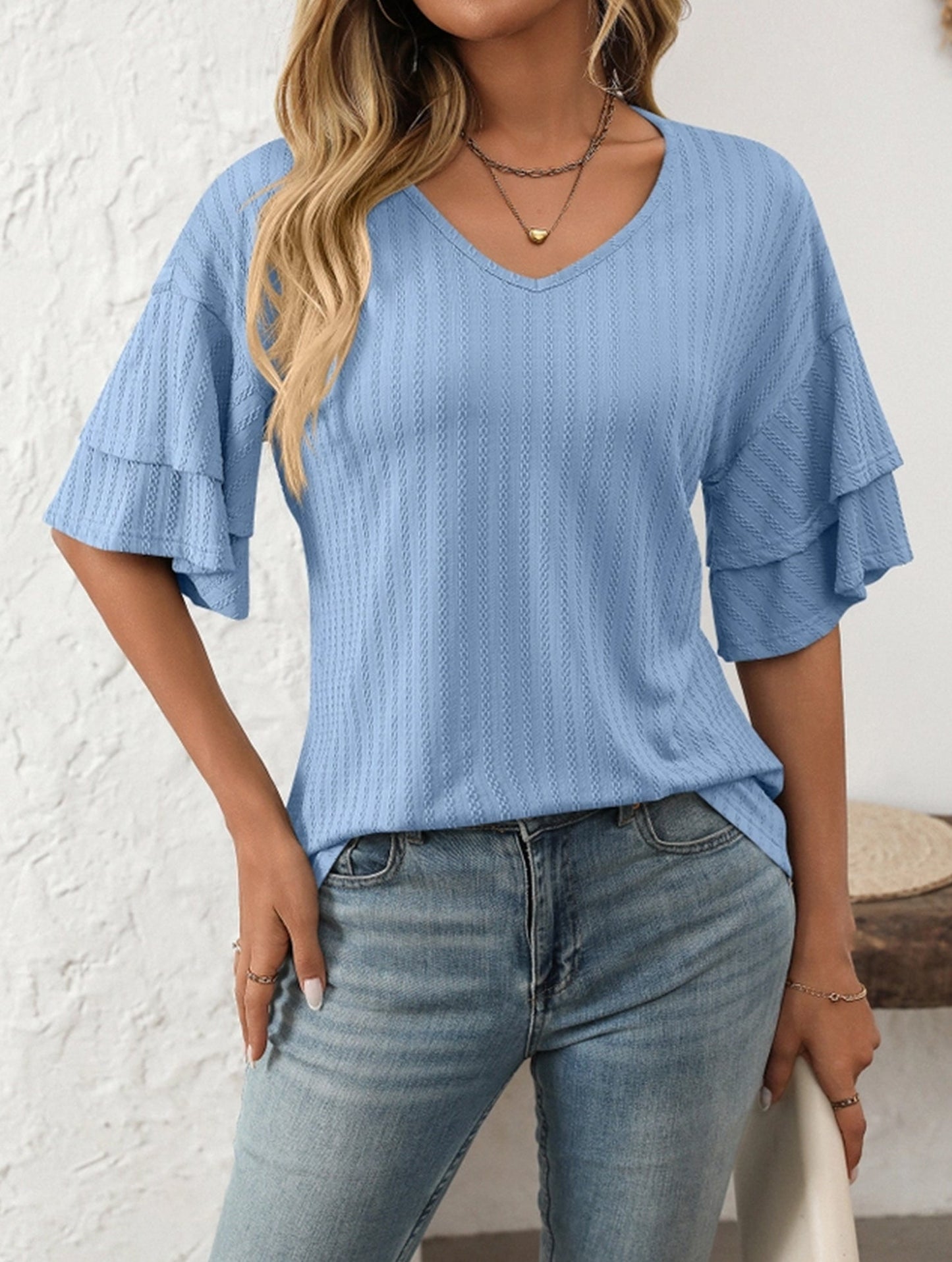 Solid Color V-Neck T-Shirt with Lotus Sleeves ??Soft & Flowy, S?“XXL