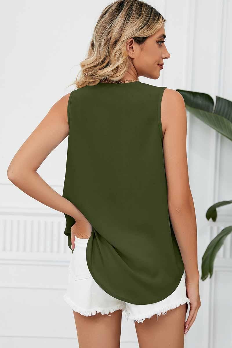 DEEP LACE V NECK CHIFFON LOOSE TUNIC TOP - Doublju