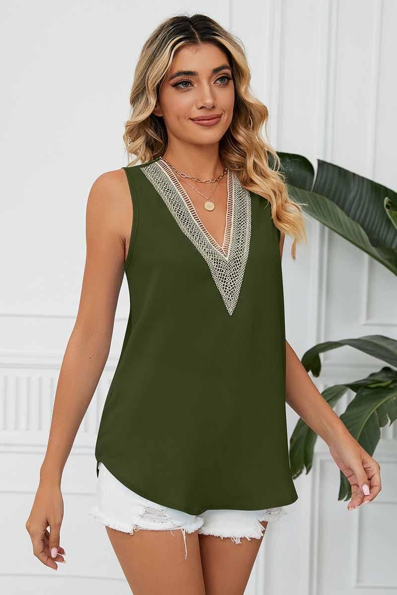 DEEP LACE V NECK CHIFFON LOOSE TUNIC TOP - Doublju