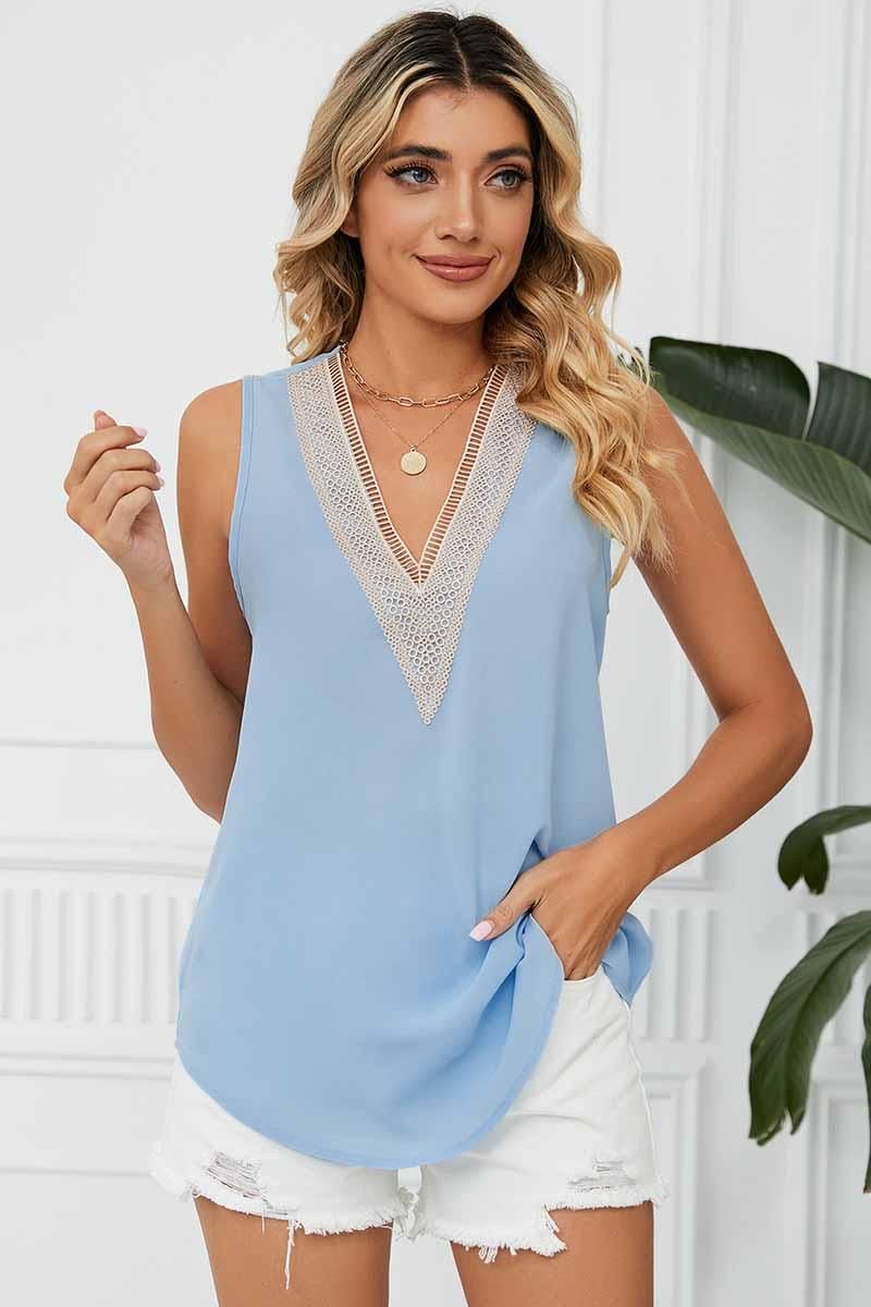 DEEP LACE V NECK CHIFFON LOOSE TUNIC TOP - Doublju